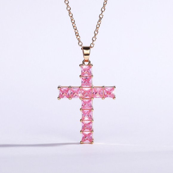 Gold & Pink Cross Necklace CZ Cubic Zircon Diamond Pendant, Jesus, Church Bling - Picture 3 of 5